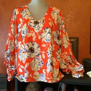 Vici size Large long balloon sleeve V neck orange floral patterned polyester top